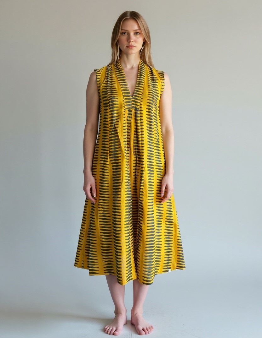 Marsha sleeveless dress in mustard /grey line design (S/M : L/XL)