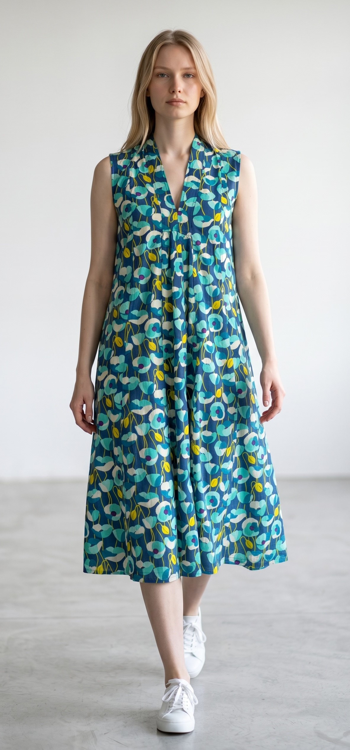 Marsha Sleeveless dress in blue / yellow floral design (S/M : L/XL)
