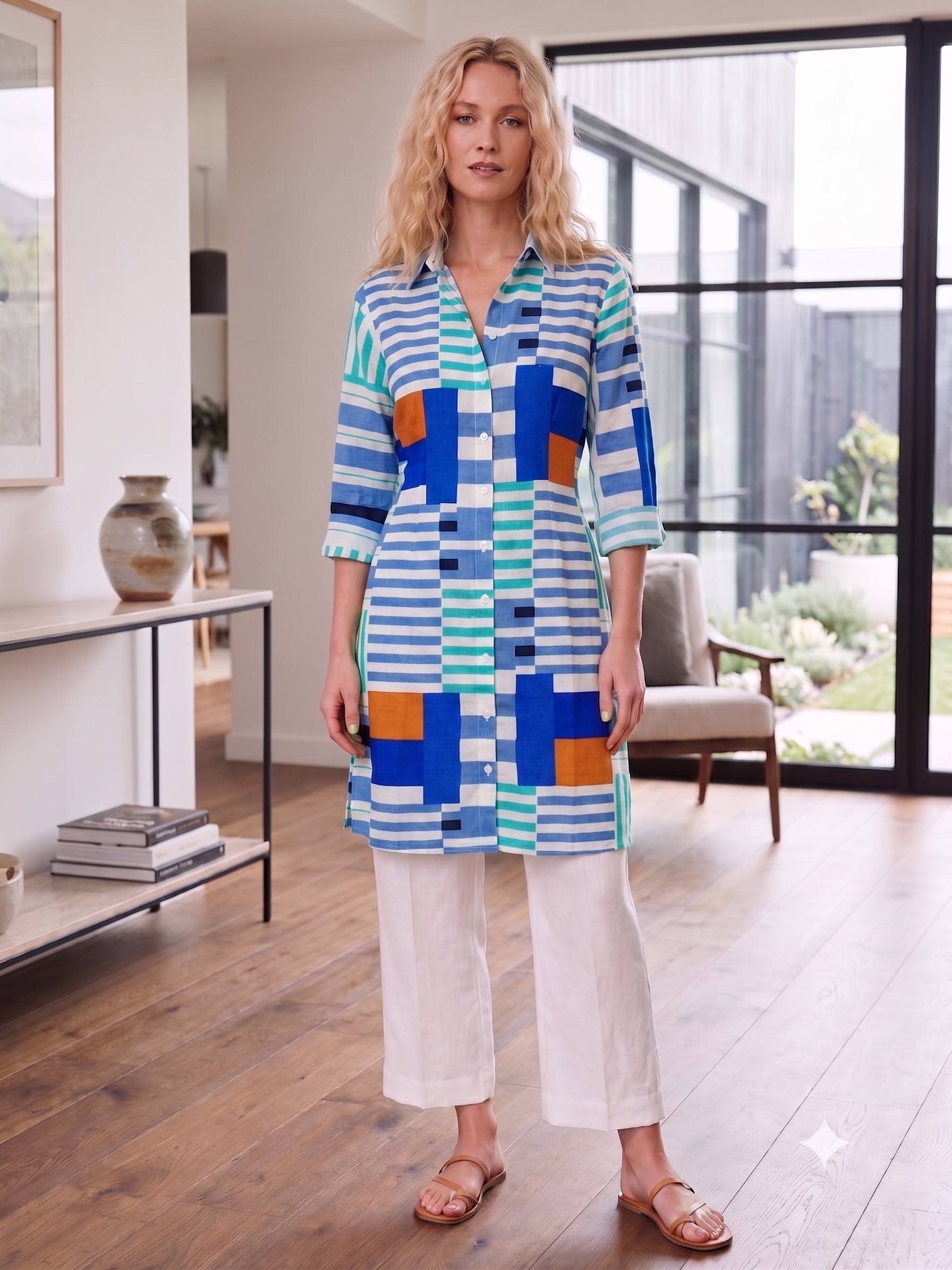 Blue/green striped Long cotton shirt L/XL
