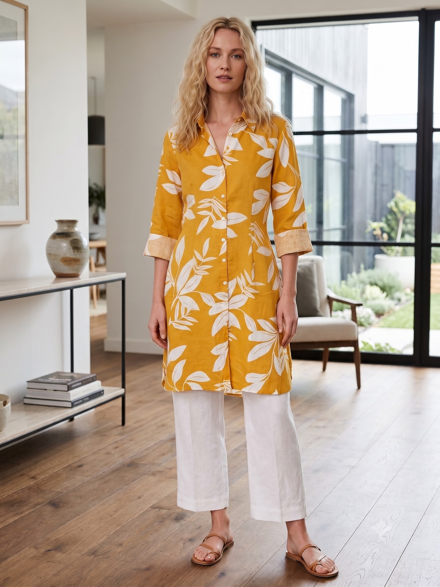 Long shirt in mustard leaf print L/XL