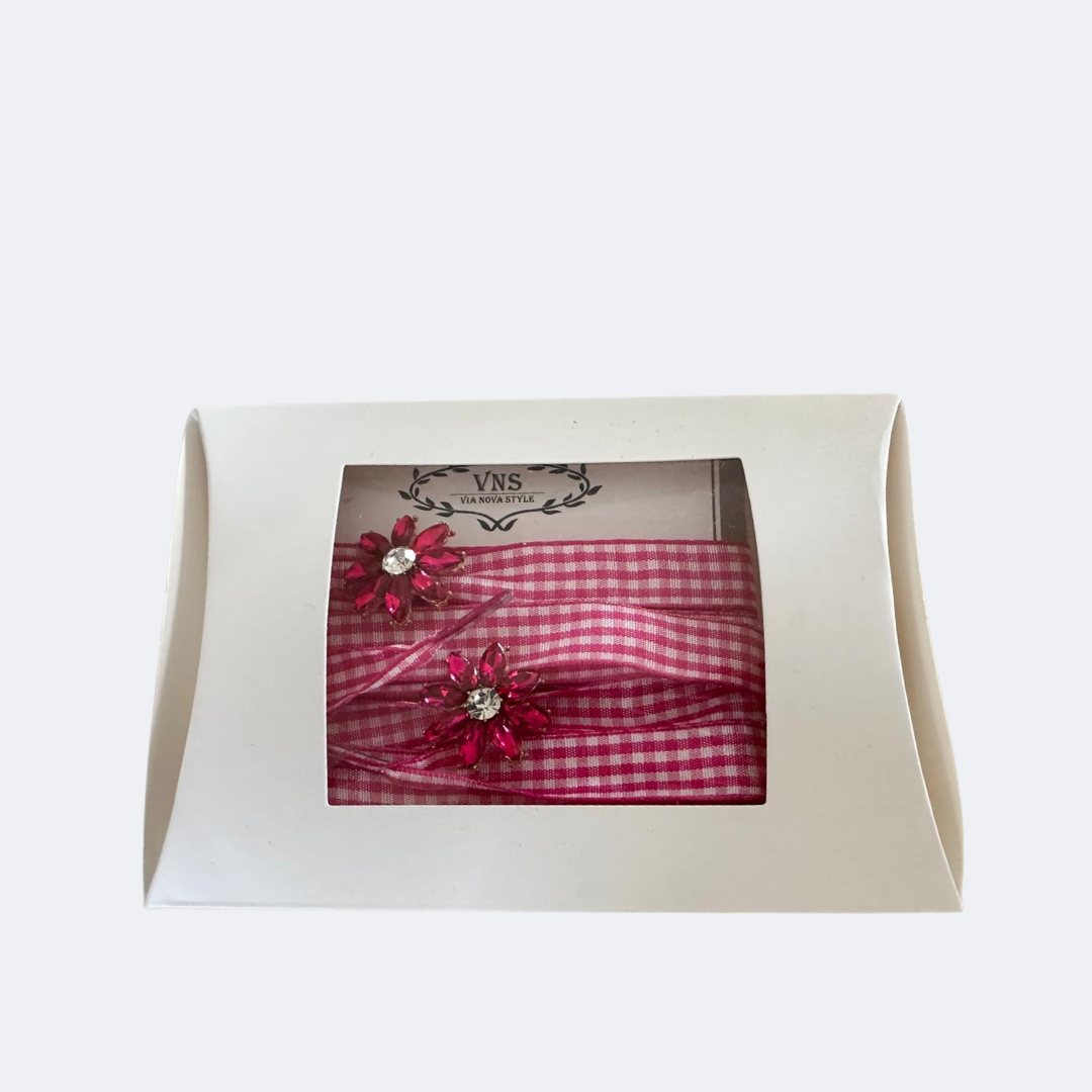 Pink Gingham Shoelaces with Pink Flower Trims