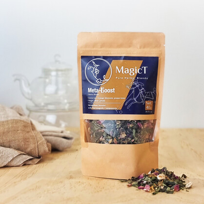 Meta-Boost: Green tea, Orange blossom, Ginger, Peppermint, Rose petals