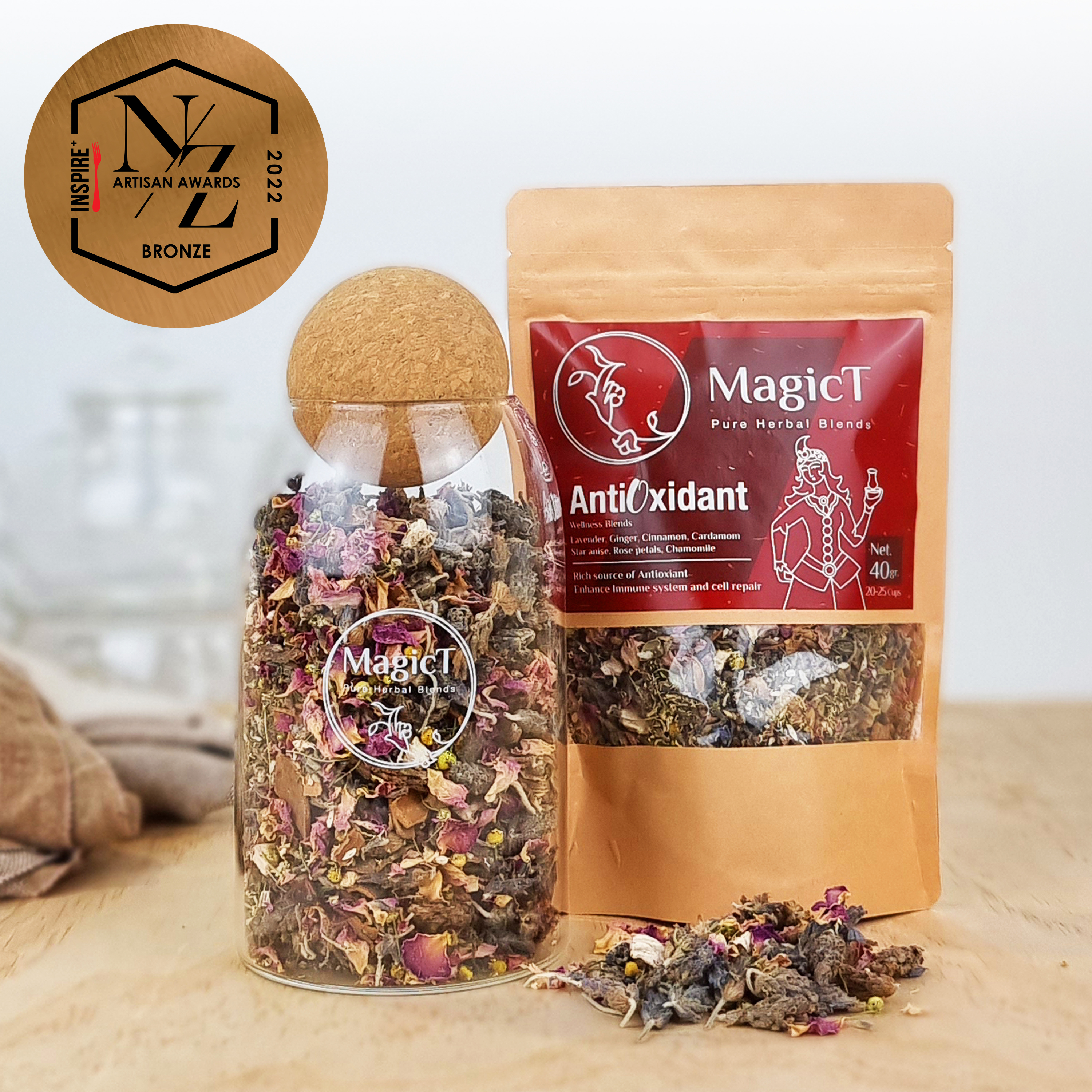 Antioxidant: Lavender, Cinnamon, Ginger, Cardamom, Chamomile, Star anise and Rose petal