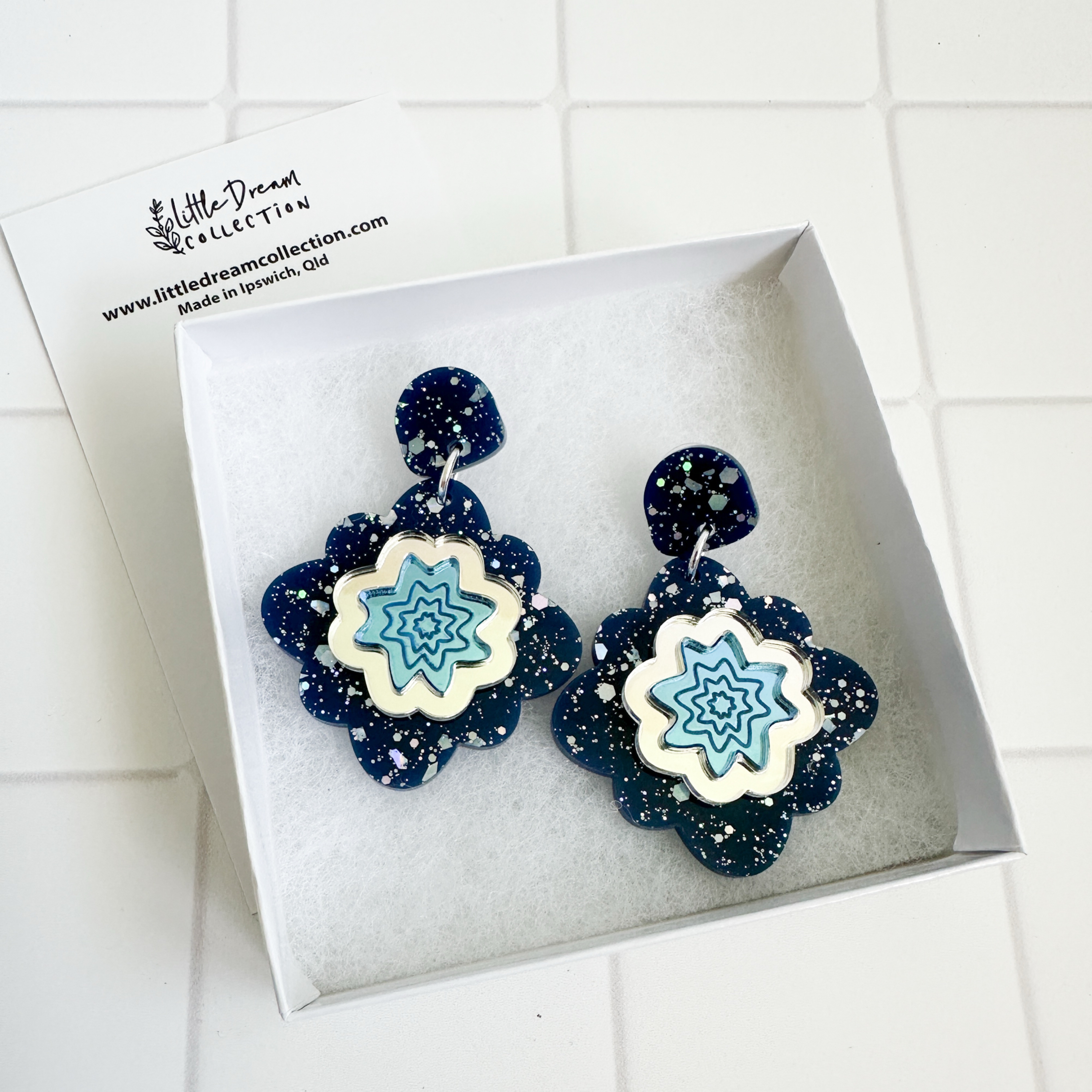 Blue Glitter and Mirror Statement Earrings
