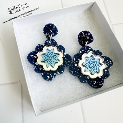 Blue Glitter and Mirror Statement Earrings