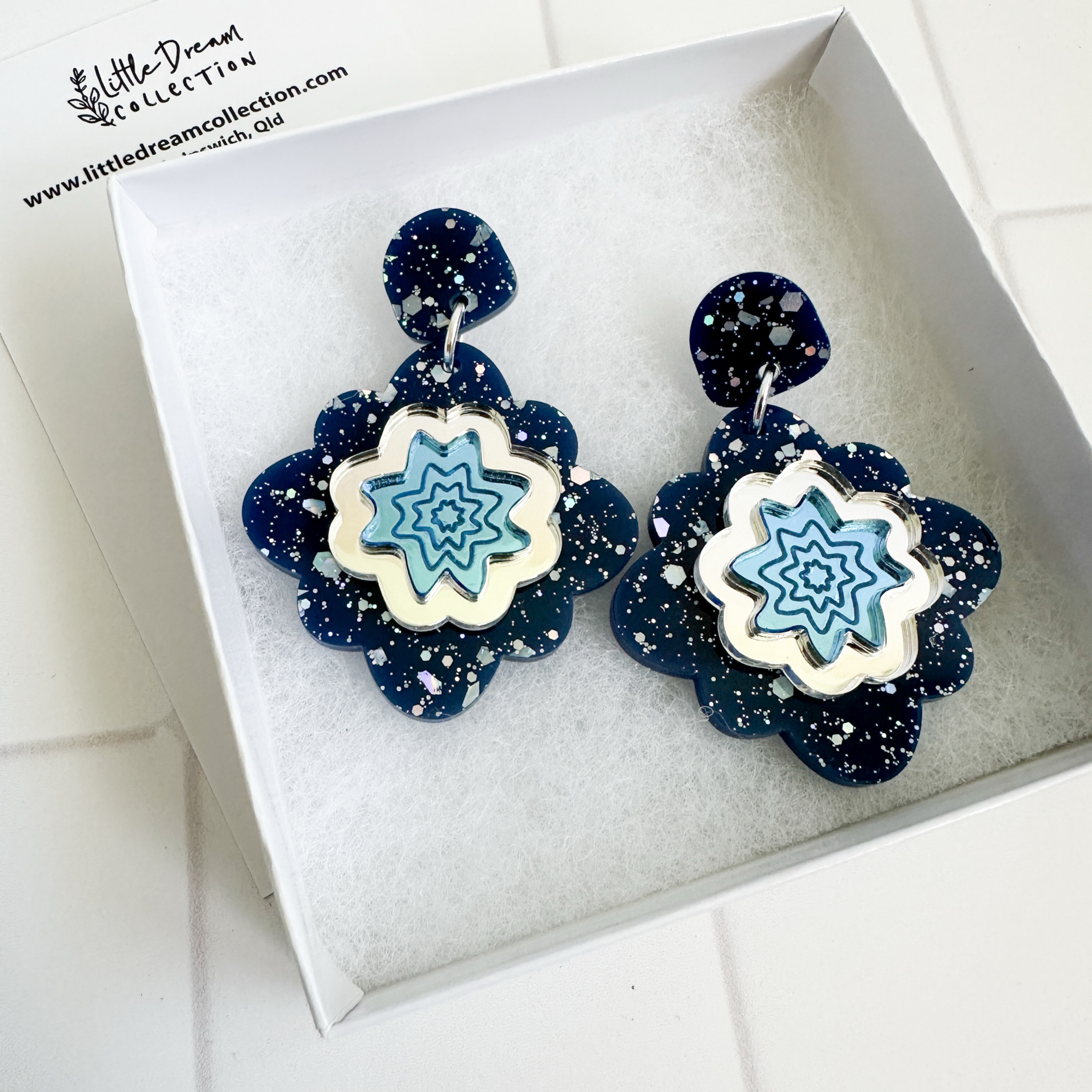 Blue Glitter and Mirror Statement Earrings