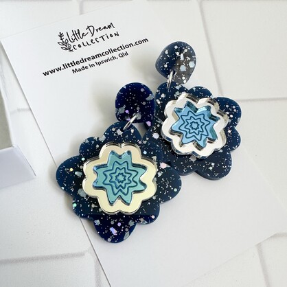 Blue Glitter and Mirror Statement Earrings