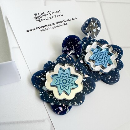 Blue Glitter and Mirror Statement Earrings