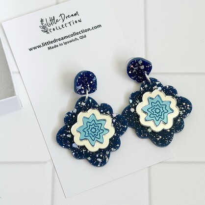 Blue Glitter and Mirror Statement Earrings