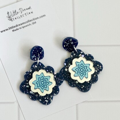 Blue Glitter and Mirror Statement Earrings