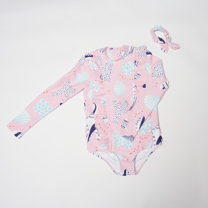 Girls Long Sleeves Rash Guard - Seashell Treasures