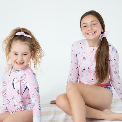 Teen Girls Long Sleeves Rash Guard - Seashell Treasures
