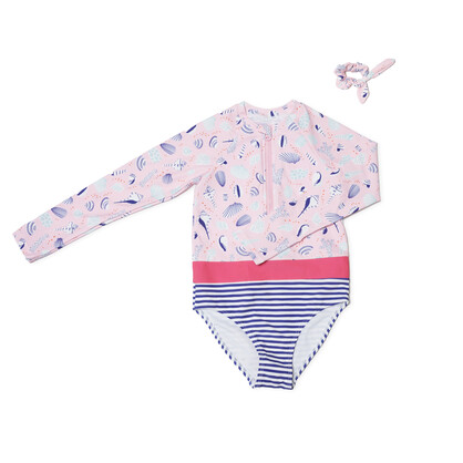 Teen Girls Long Sleeves Rash Guard - Seashell Treasures