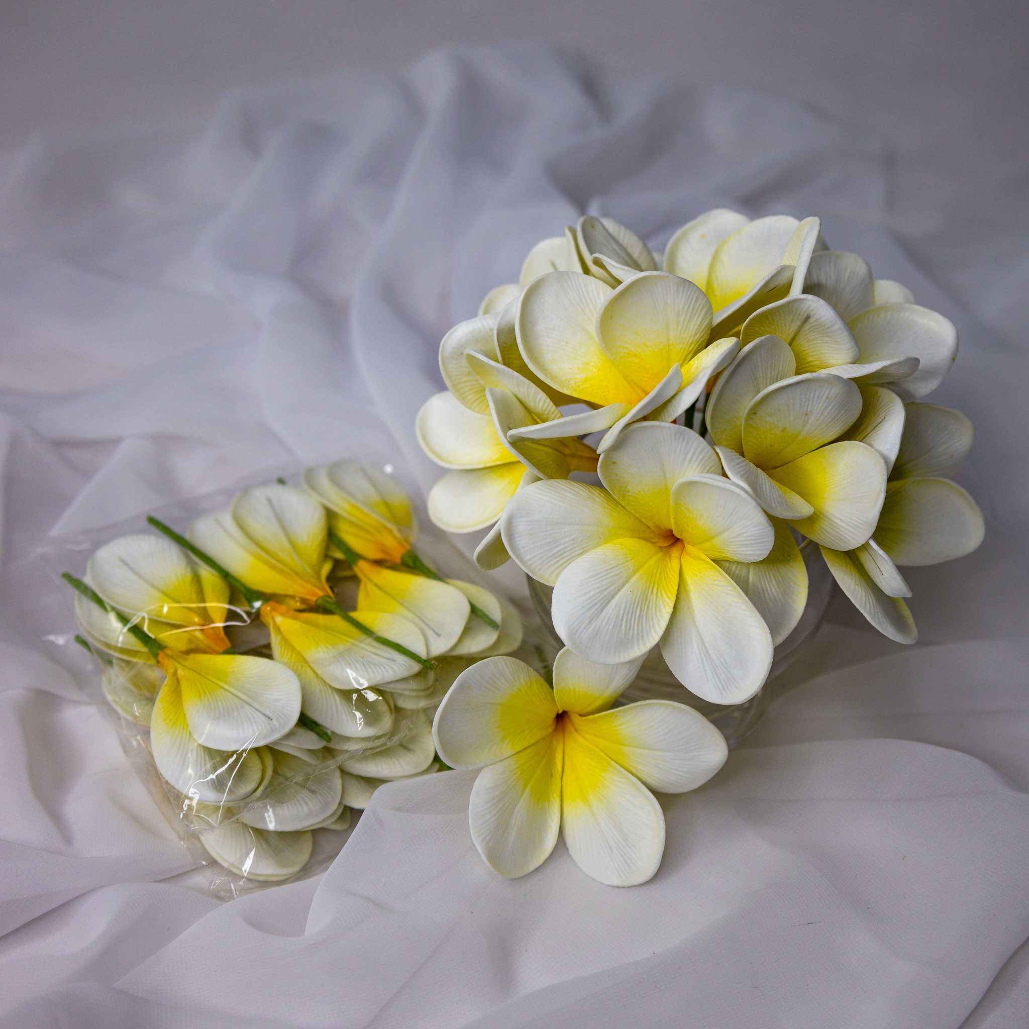 White Yellow Frangipani Flowerhead ( 6 Pack )  - Realistic Artificial Flowers