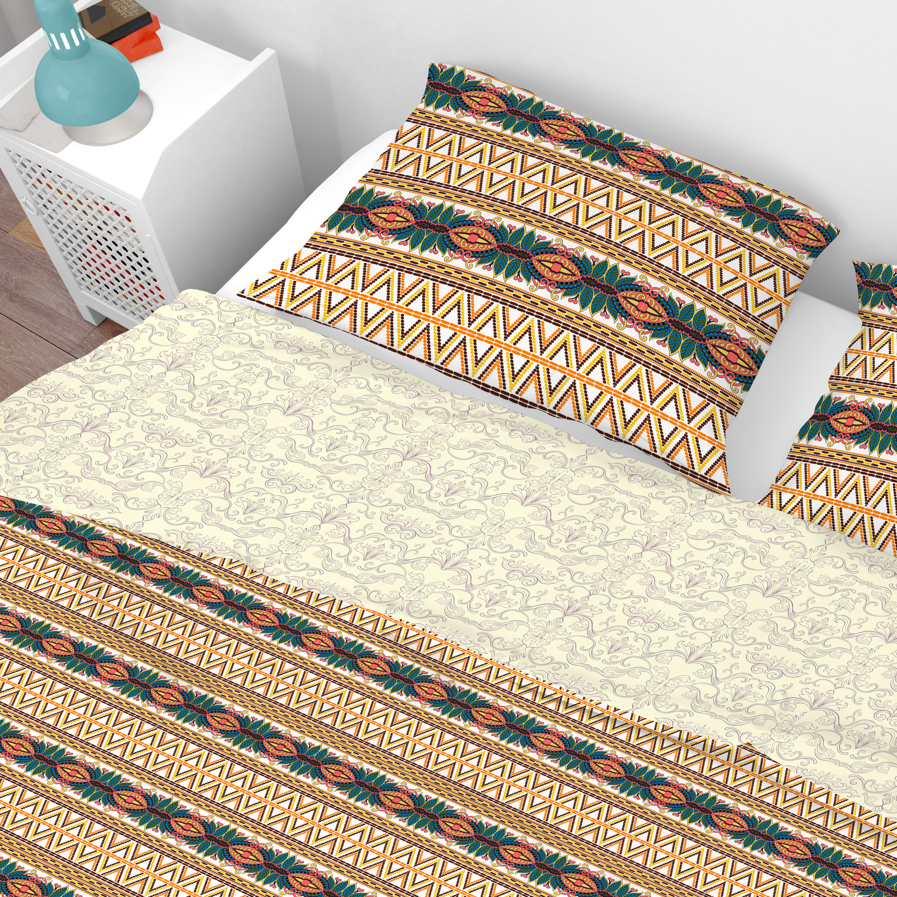 Bohemian Multicolour Geometrical Floral Cotton Reversible Quilt Cover Set