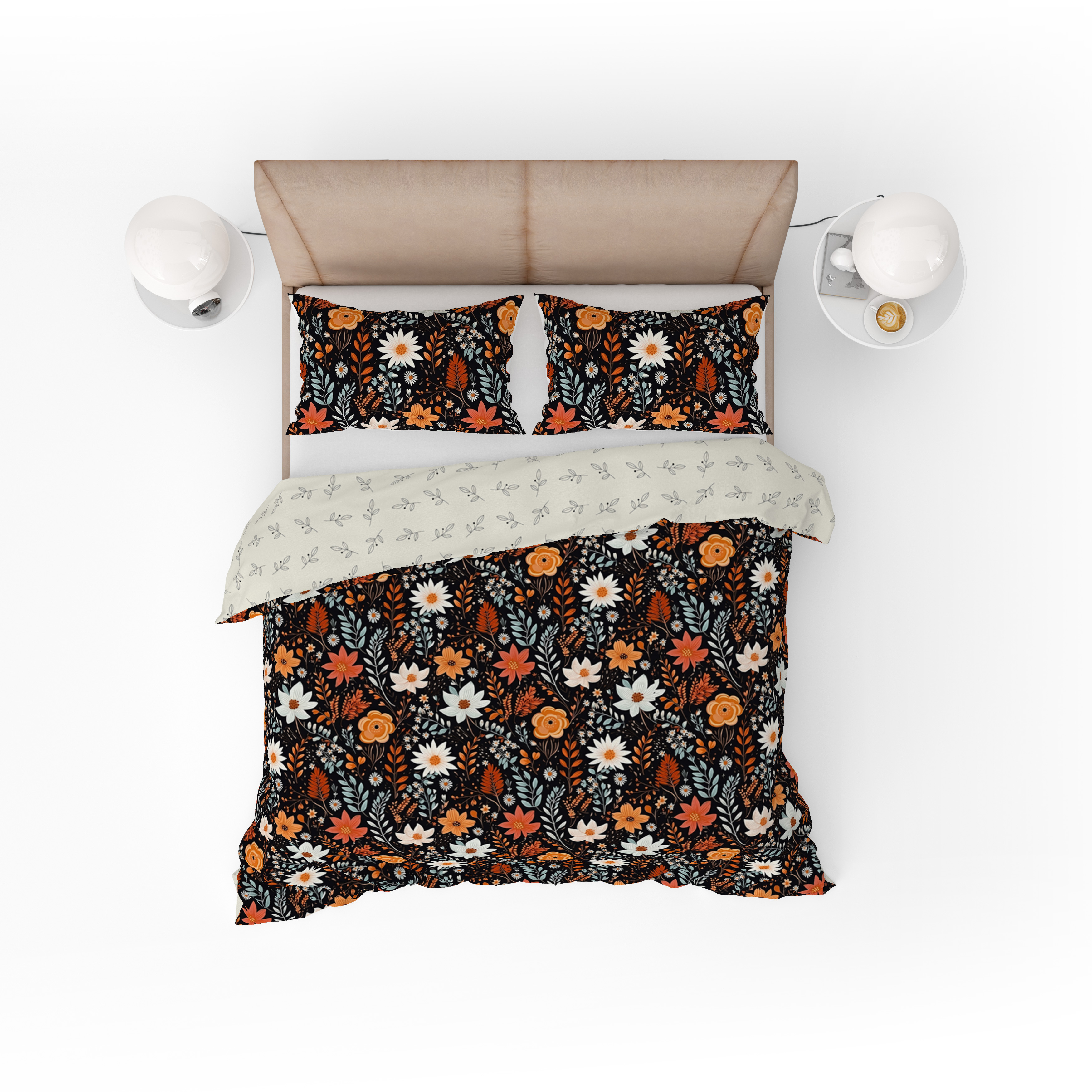 Bohemian Black Orange Wild Floral Cotton Reversible Quilt Cover Set