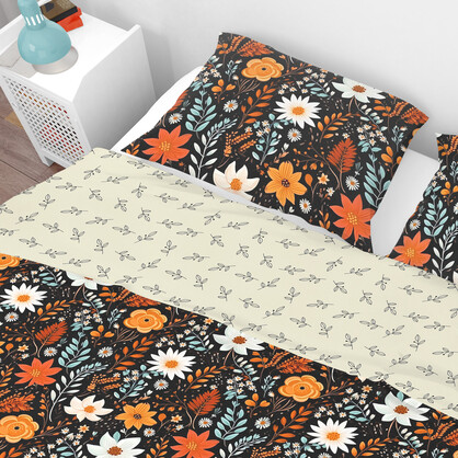 Bohemian Black Orange Wild Floral Cotton Reversible Quilt Cover Set