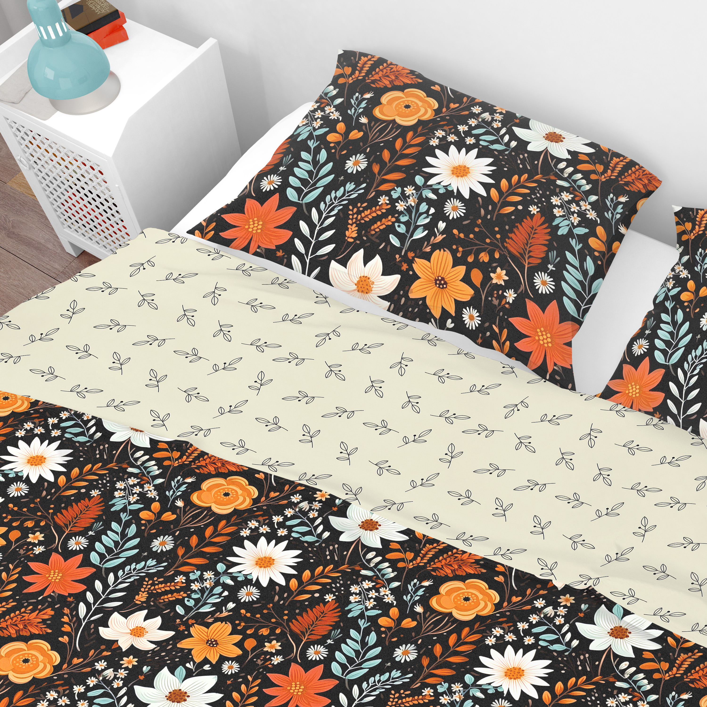 Bohemian Black Orange Wild Floral Cotton Reversible Quilt Cover Set