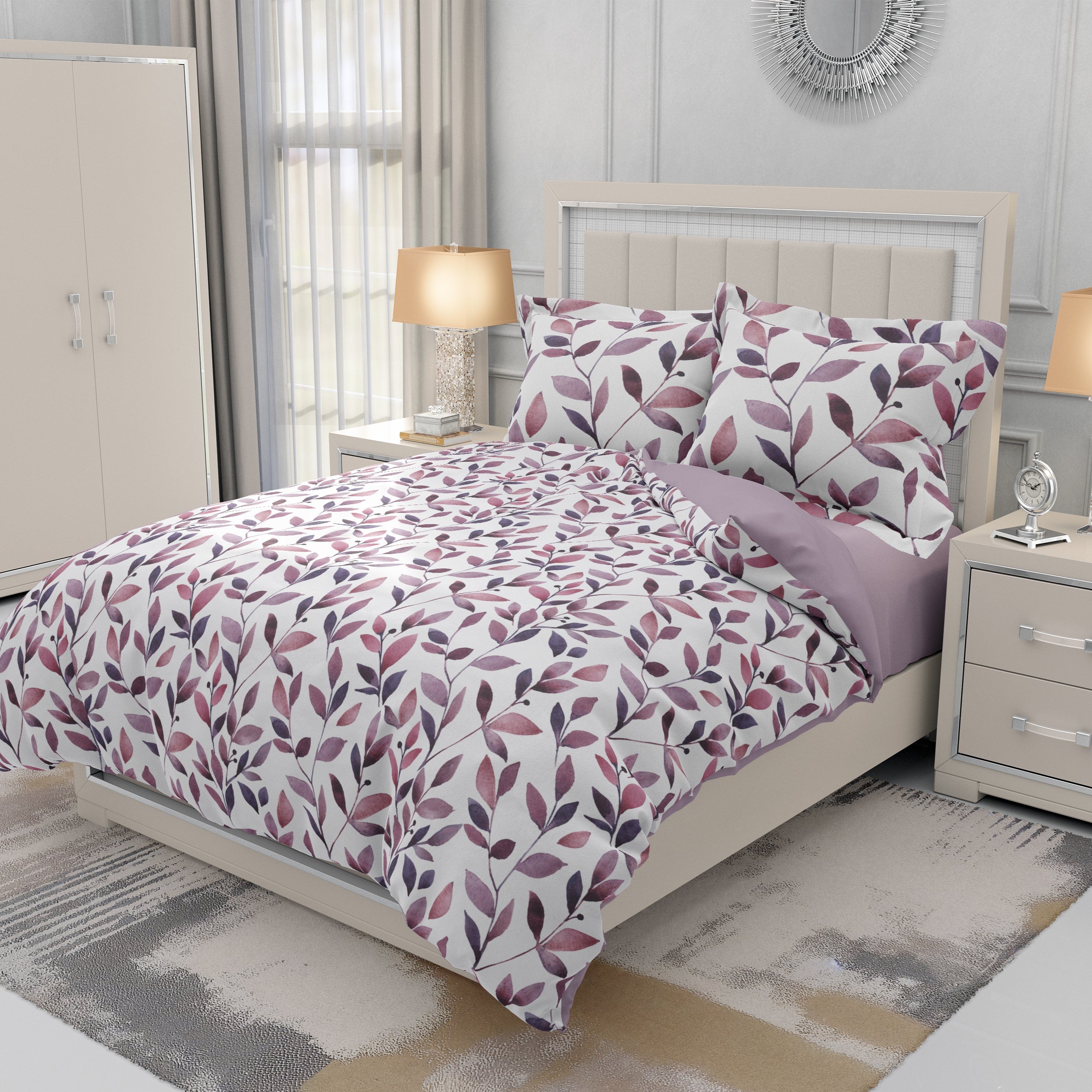 Watercolour Leaf Stem Mauve Quilt Cover Set - Serene Elegance for Your Sleep Haven