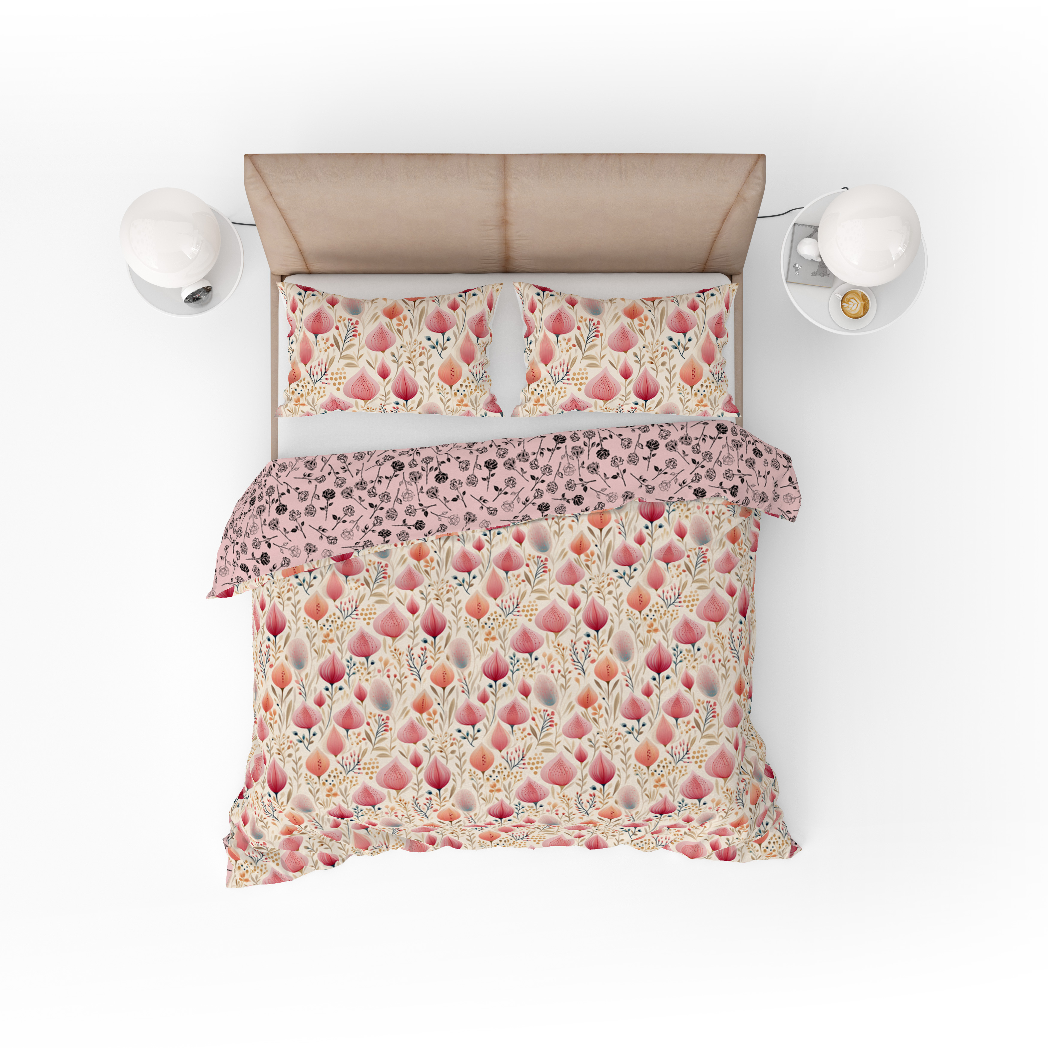 Bohemian Pink Rosebud Scandinavian Floral Cotton Reversible Quilt Cover Set