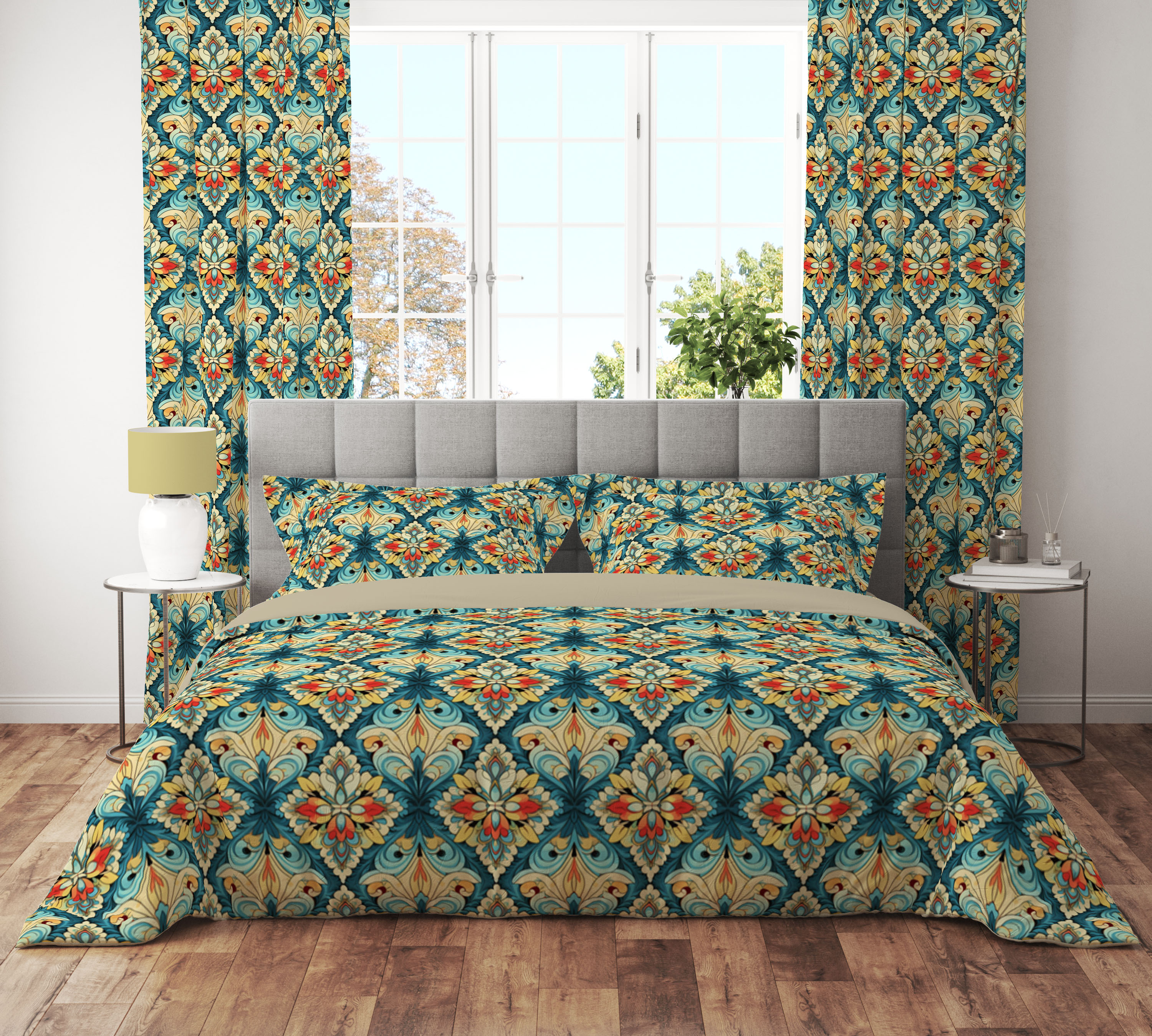 Royal Teal Gold Floral Reversible Quilt Cover Set