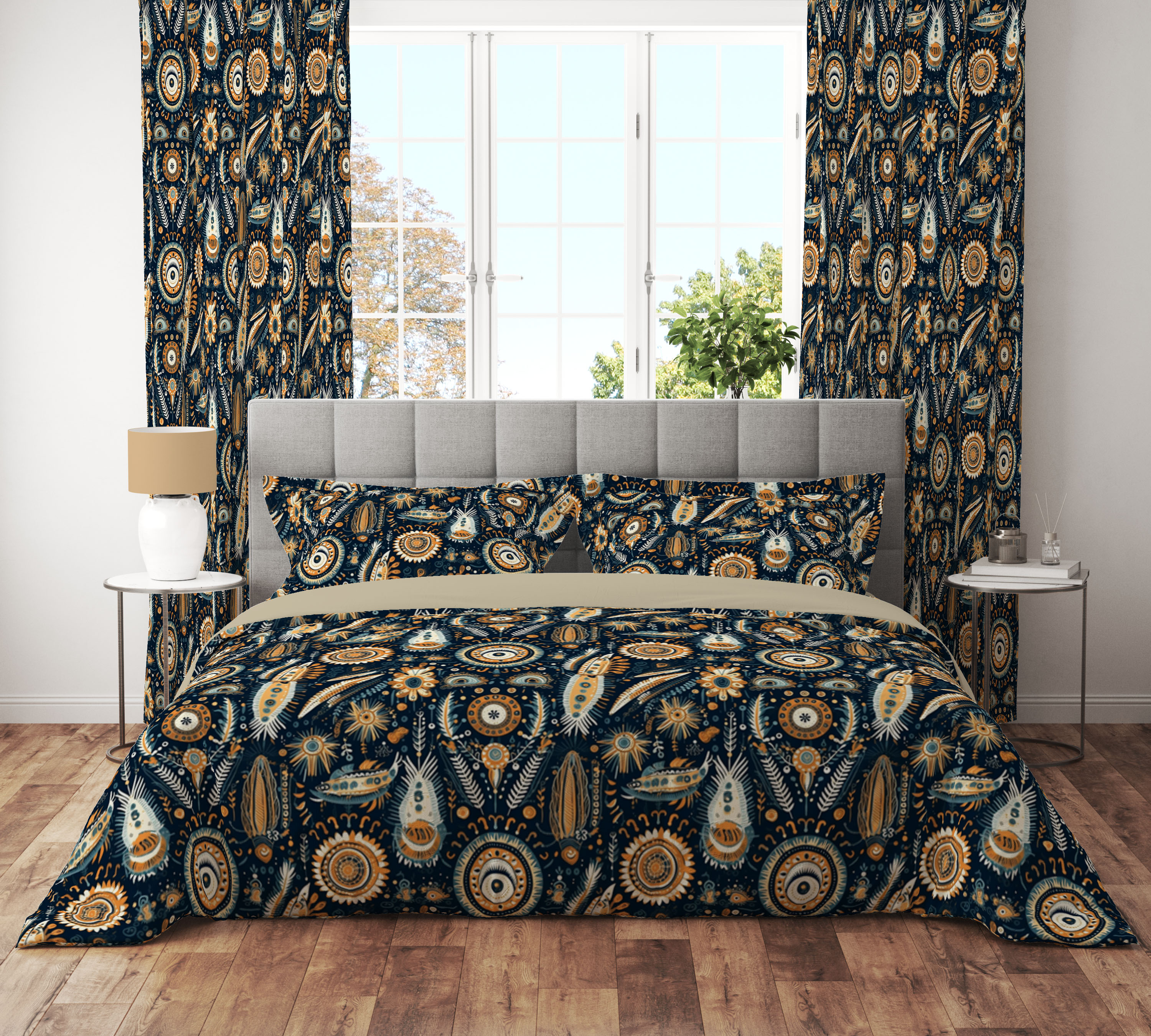 Vintage Boho Eye Black Floral Petal Reversible Quilt Cover Set
