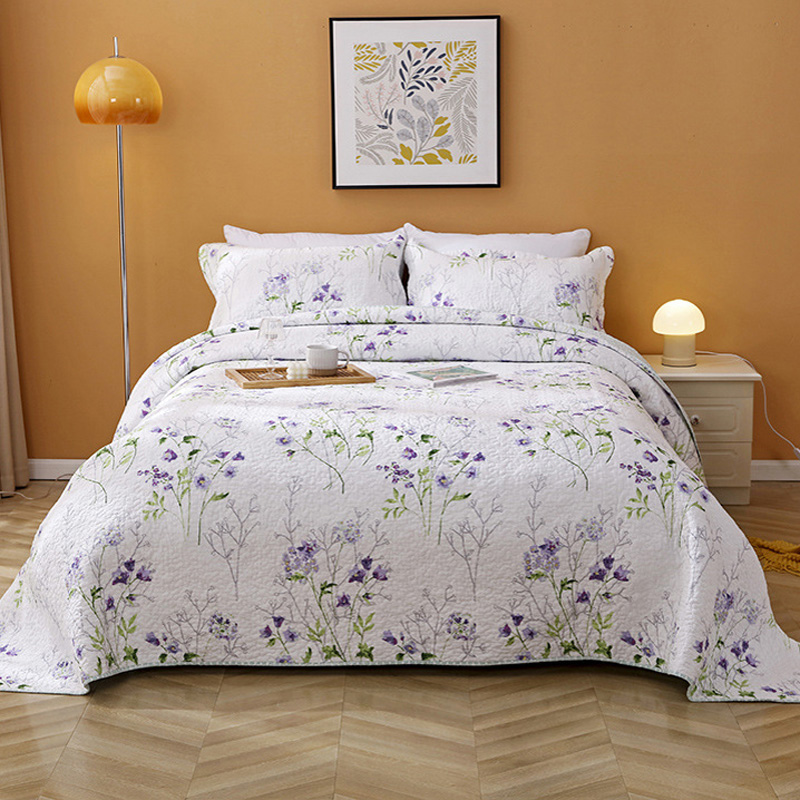 Lilac Floral Cotton 3 Piece Bedspread Bedding Set Light Weight Quilt