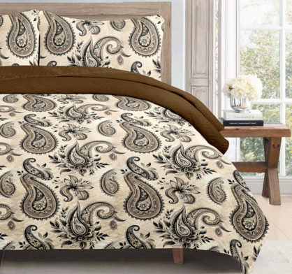 Vintage Beige Brown Printed Cotton Reversible Summer Lightweight Quilt Set