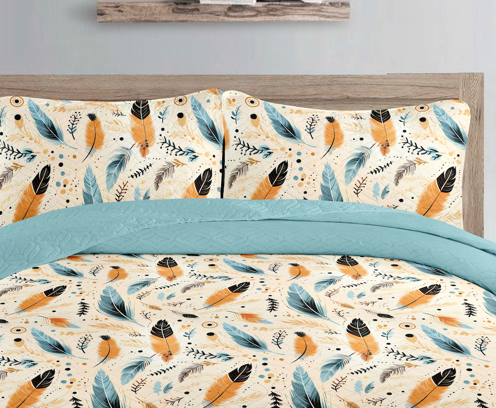 Boho Teal Feather Printed Cotton Reversible Summer Lightweight Bedspread Quilt Set