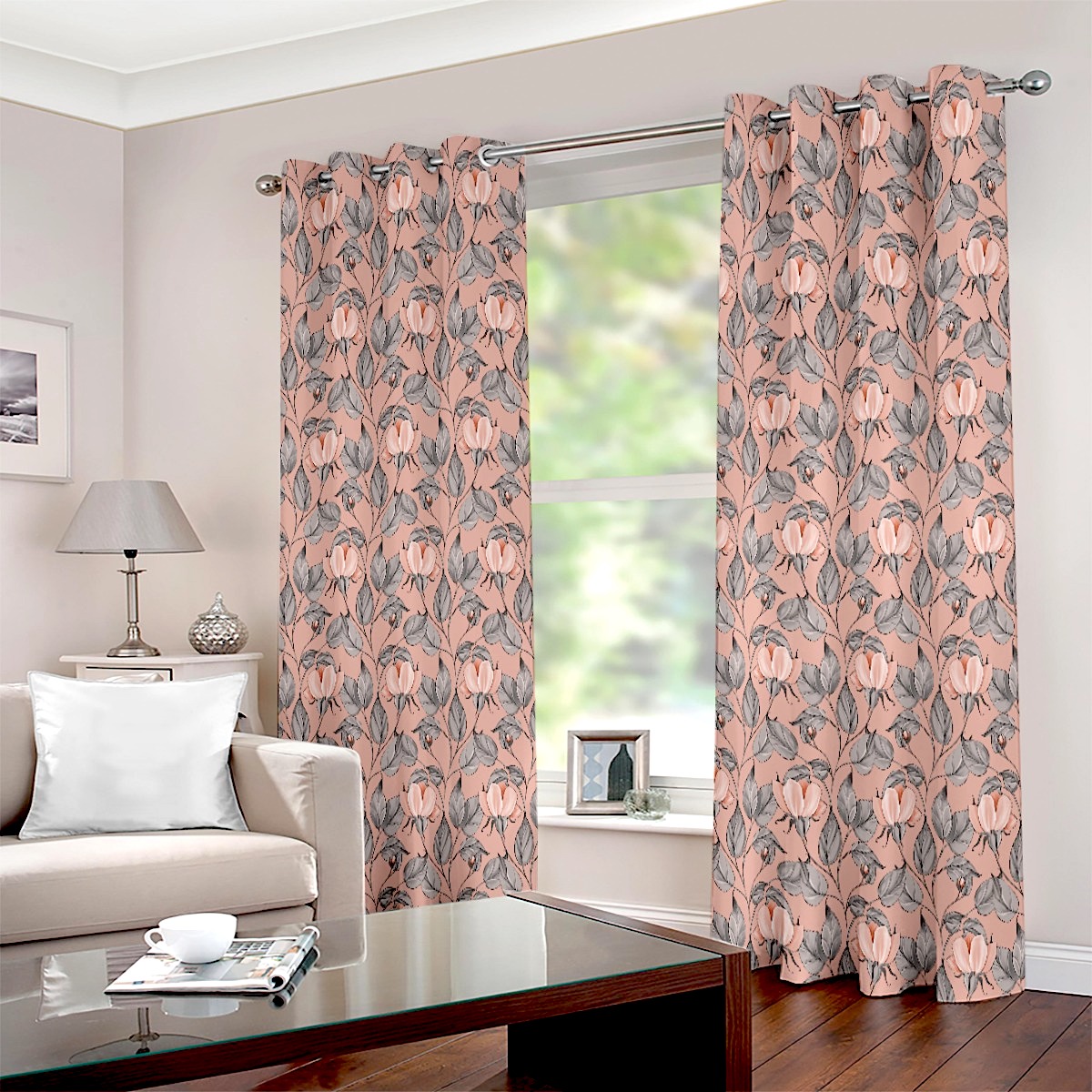 Pink Lotus Floral Bohemian Style Eyelet Curtain