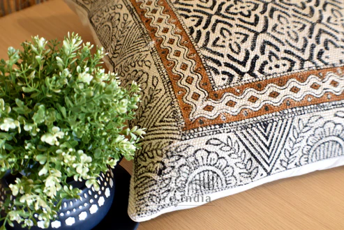 Block Print Wave Cotton Dari Cushion Cover Mustard Euro Size 65x65cm