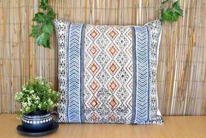 Geometrical Block Print Cotton Dari Cushion Cover Blue Org Size 65x65cm