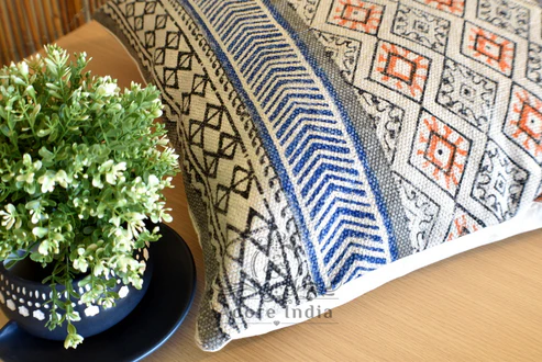 Geometrical Block Print Cotton Dari Cushion Cover Blue Org Size 65x65cm