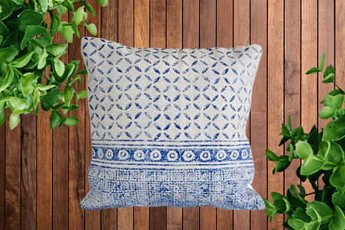 Indigo Geometry Block Print Cotton Dari Cushion Cover 45cm