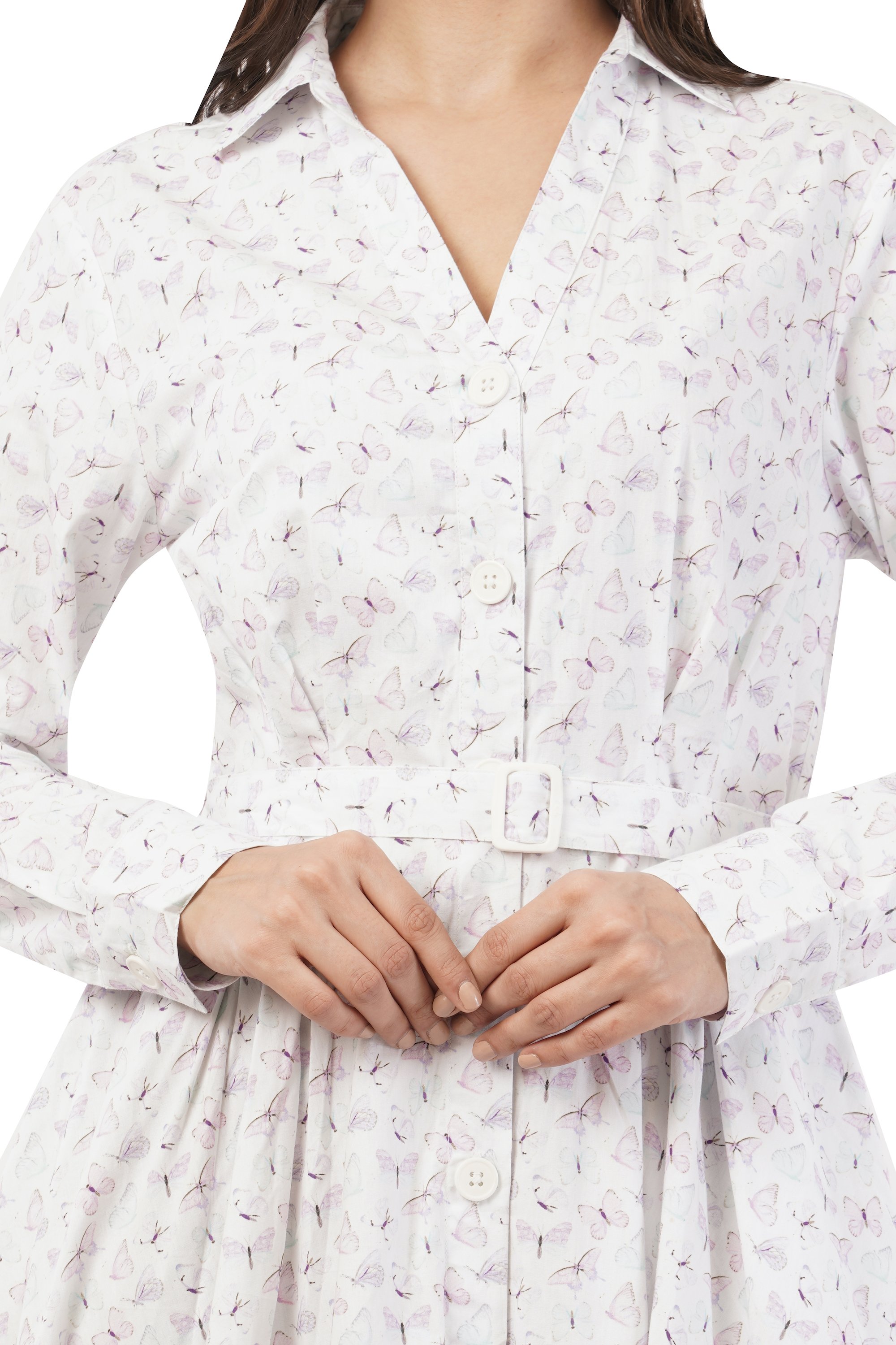 Greta Butterfly Printed Long Sleeve Cotton Shirt Dress