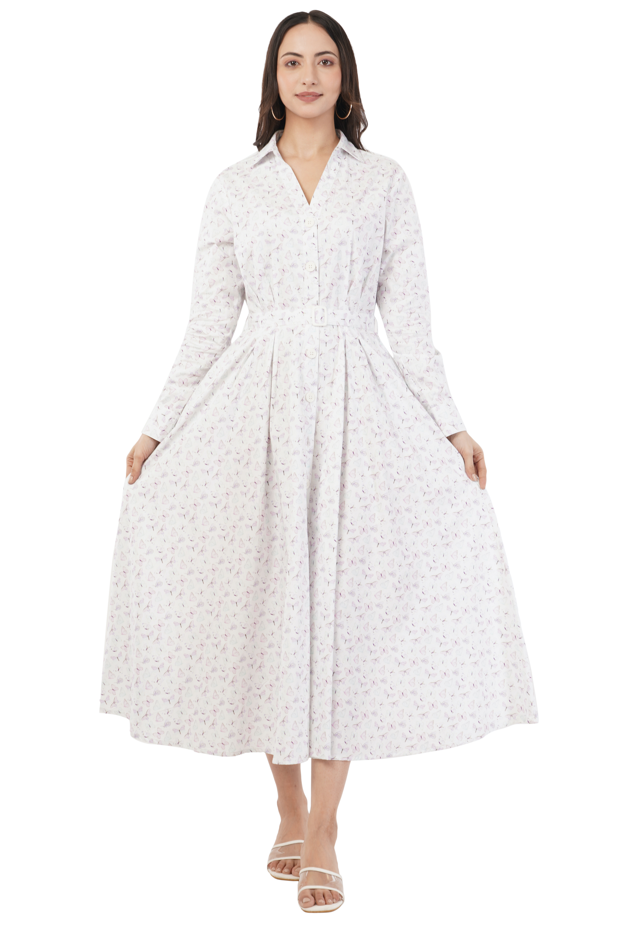 Greta Butterfly Printed Long Sleeve Cotton Shirt Dress