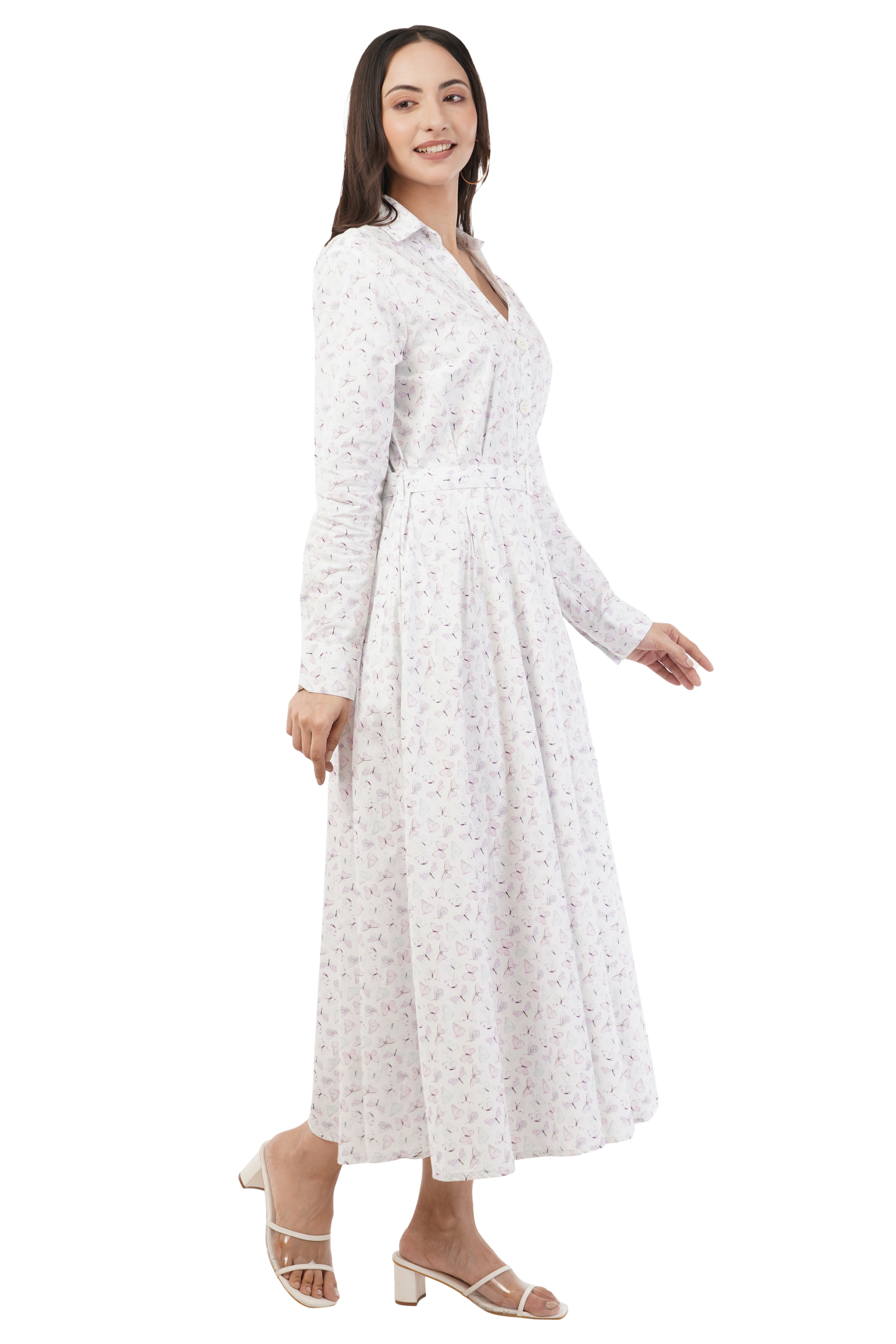 Greta Butterfly Printed Long Sleeve Cotton Shirt Dress