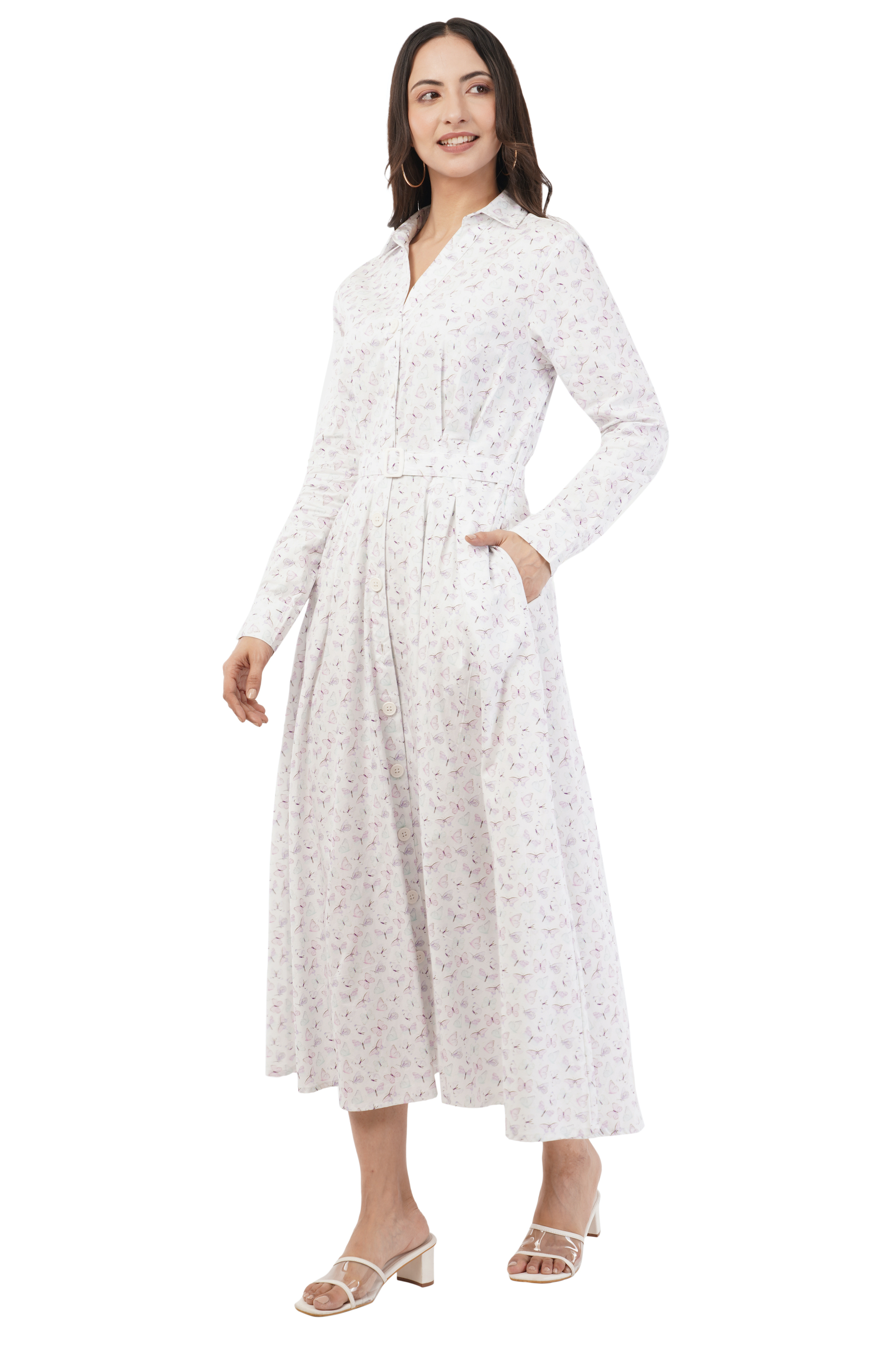 Greta Butterfly Printed Long Sleeve Cotton Shirt Dress