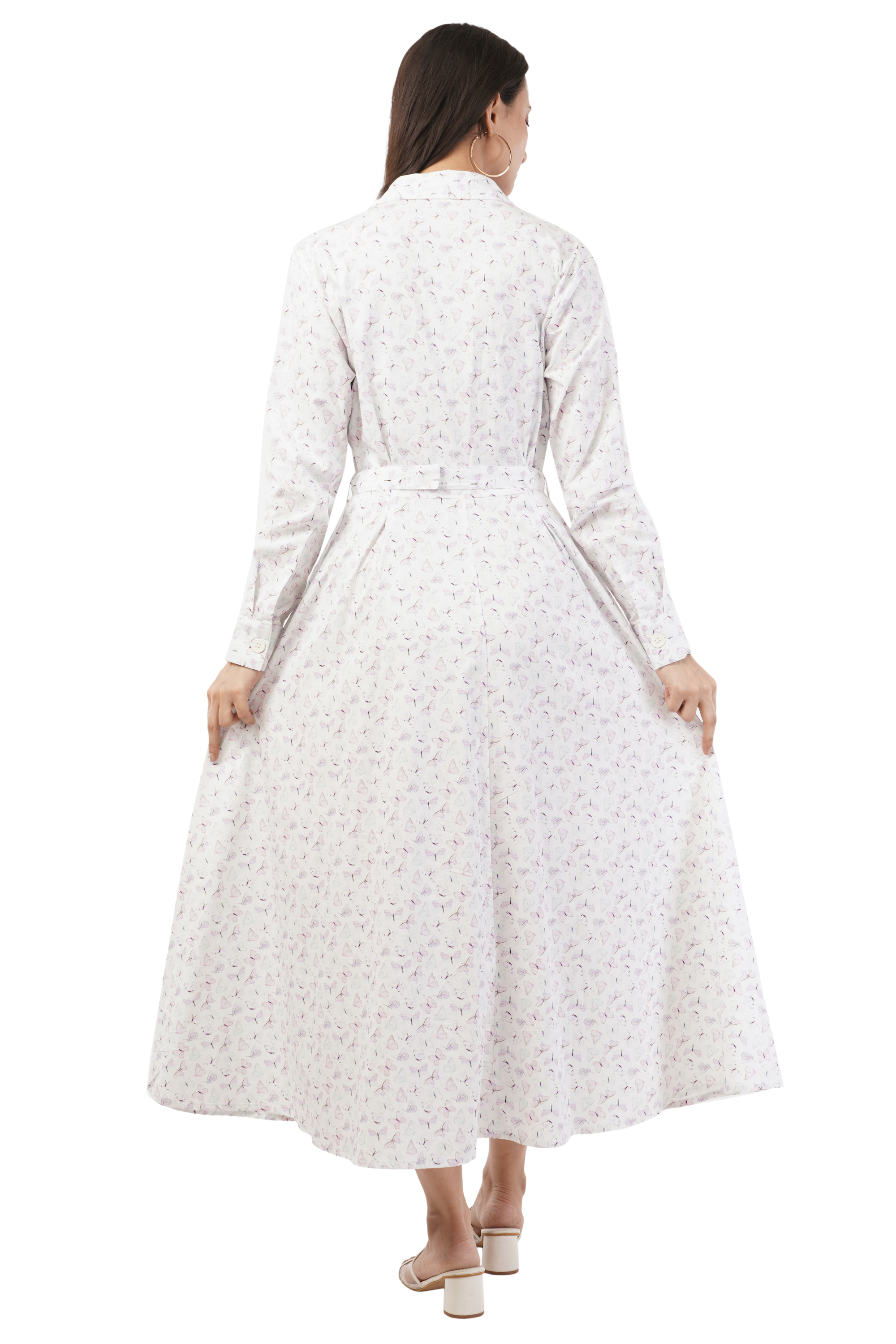 Greta Butterfly Printed Long Sleeve Cotton Shirt Dress
