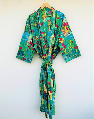 01 Cotton Printed Frida Green Kahlo Kimono Kaftan Bathrobe - Boho Beachwear, Bridesmaid Robe, Spa & Holiday Loungewear
