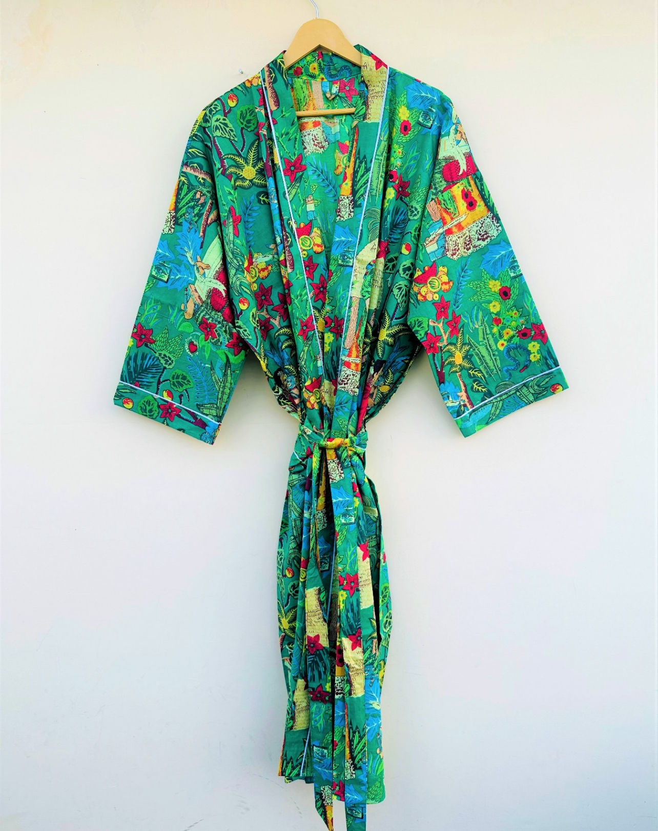 01 Cotton Printed Frida Green Kahlo Kimono Kaftan Bathrobe - Boho Beachwear, Bridesmaid Robe, Spa & Holiday Loungewear