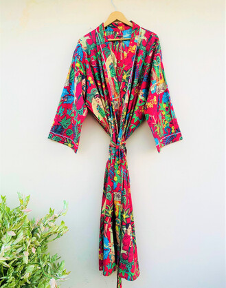 Cotton Printed Frida Red Kimono Kaftan Bathrobe - Boho Beachwear, Bridesmaid Robe, Spa & Holiday Loungewear