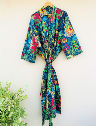 Cotton Printed Frida Turq Kahlo Kimono Kaftan Bathrobe - Boho Beachwear, Bridesmaid Robe, Spa & Holiday Loungewear