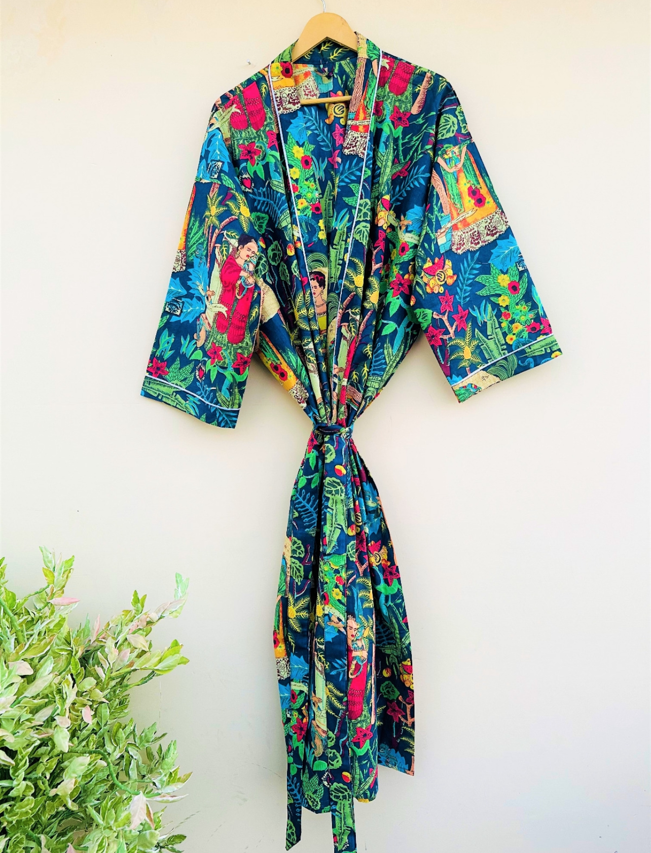 Cotton Printed Frida Turq Kahlo Kimono Kaftan Bathrobe - Boho Beachwear, Bridesmaid Robe, Spa & Holiday Loungewear