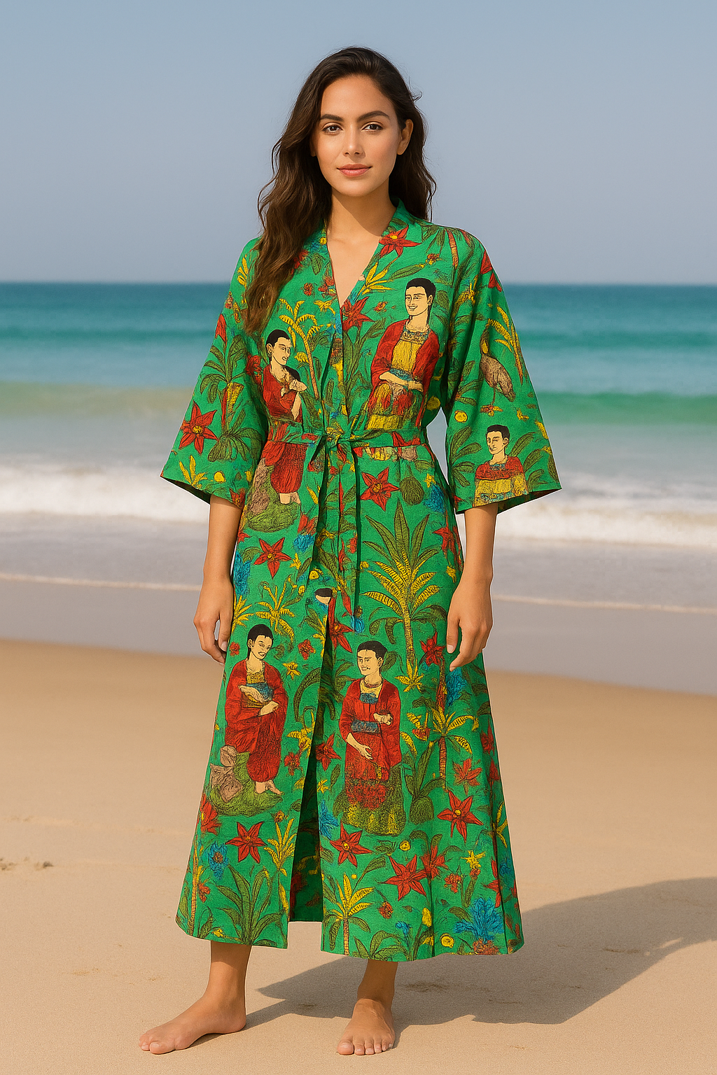 01 Cotton Printed Frida Green Kahlo Kimono Kaftan Bathrobe - Boho Beachwear, Bridesmaid Robe, Spa & Holiday Loungewear