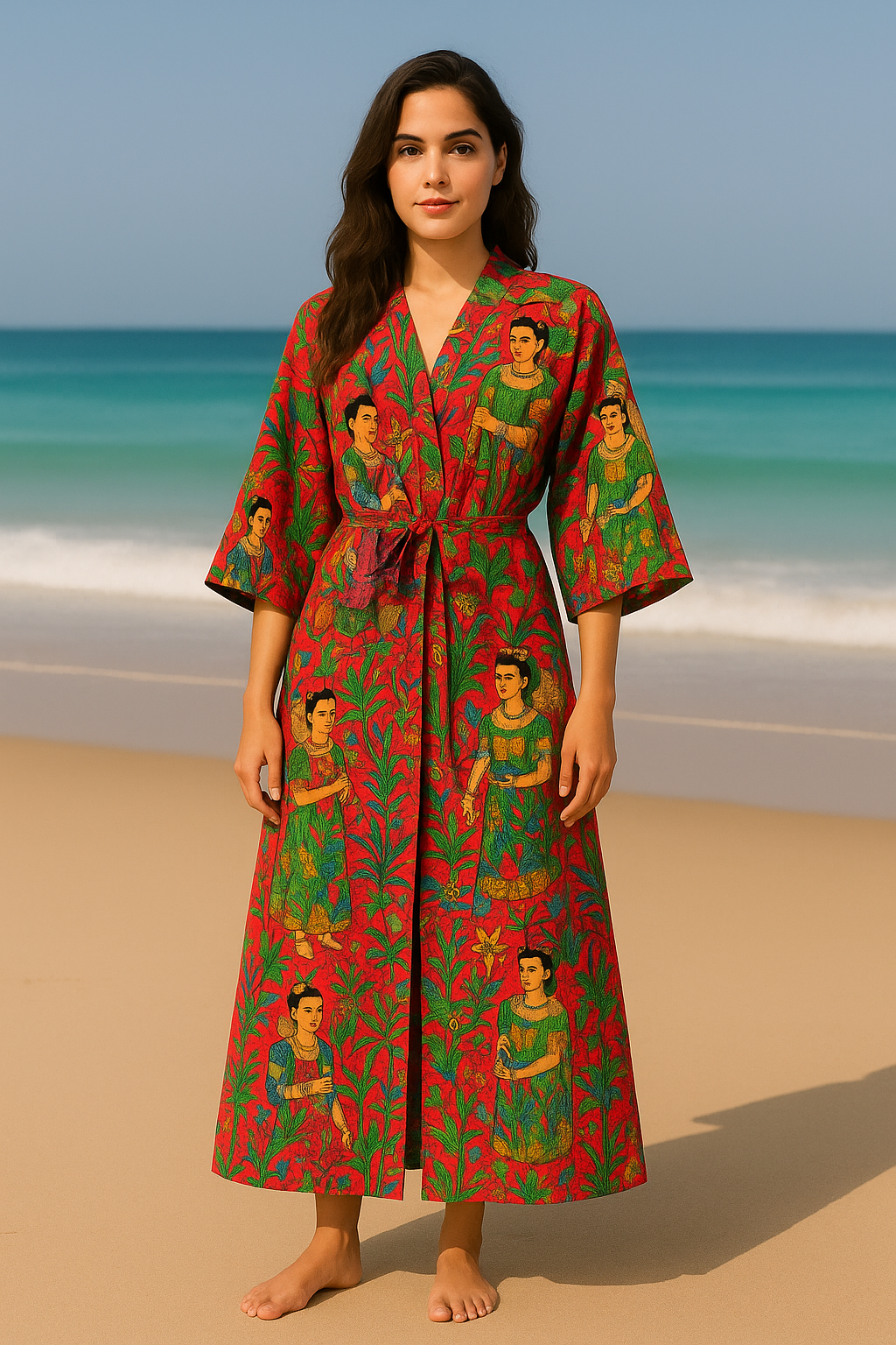 Cotton Printed Frida Red Kimono Kaftan Bathrobe - Boho Beachwear, Bridesmaid Robe, Spa & Holiday Loungewear