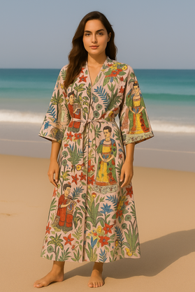 Cotton Printed  Frida Pink Kimono Kaftan Bathrobe - Boho Beachwear, Bridesmaid Robe, Spa & Holiday Loungewear