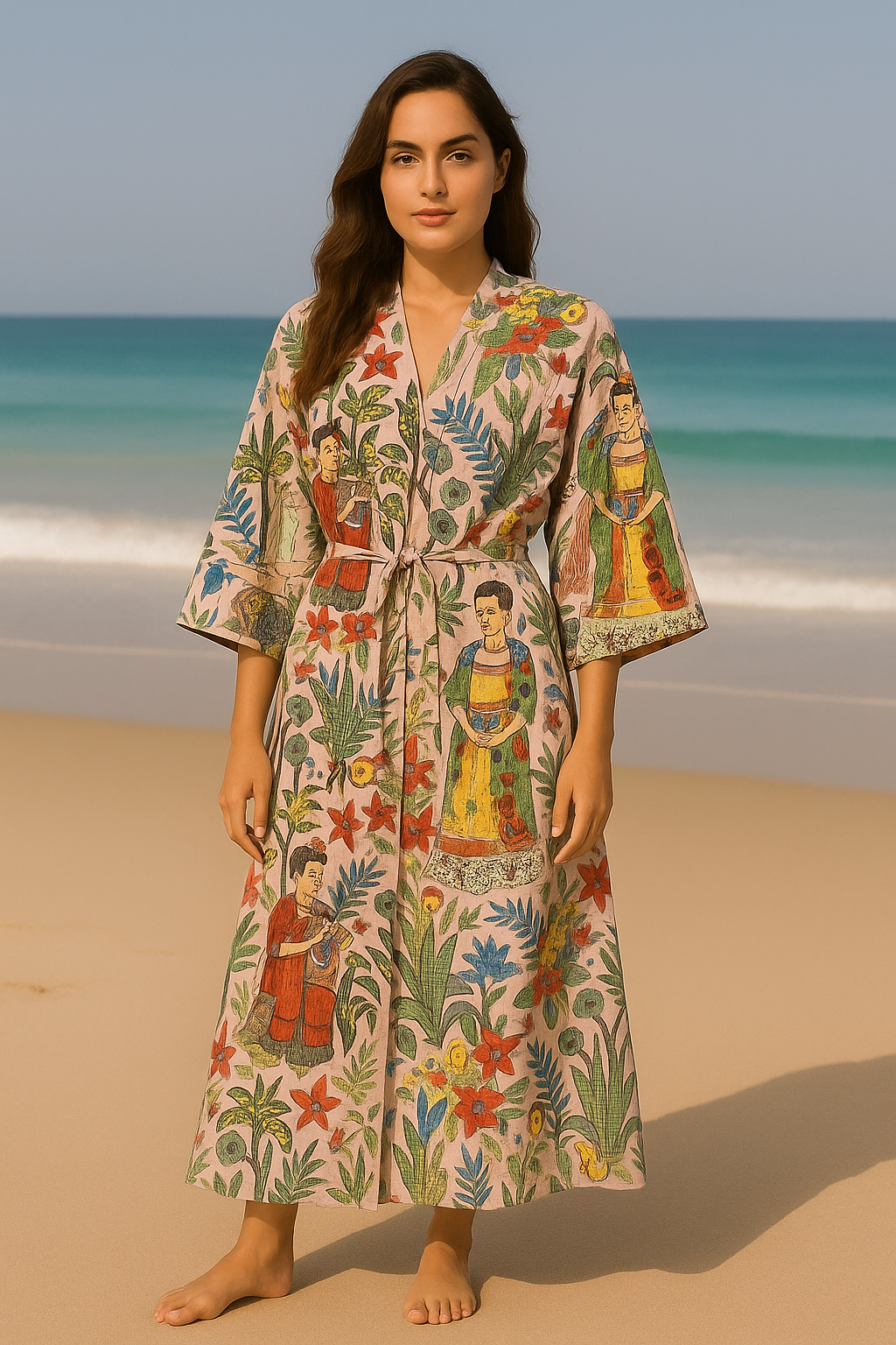 Cotton Printed  Frida Pink Kimono Kaftan Bathrobe - Boho Beachwear, Bridesmaid Robe, Spa & Holiday Loungewear