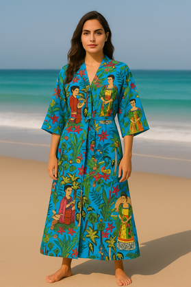 Cotton Printed Frida Turq Kahlo Kimono Kaftan Bathrobe - Boho Beachwear, Bridesmaid Robe, Spa & Holiday Loungewear