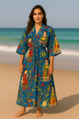 Cotton Printed Frida Blue Kahlo Kimono Kaftan Bathrobe - Boho Beachwear, Bridesmaid Robe, Spa & Holiday Loungewear